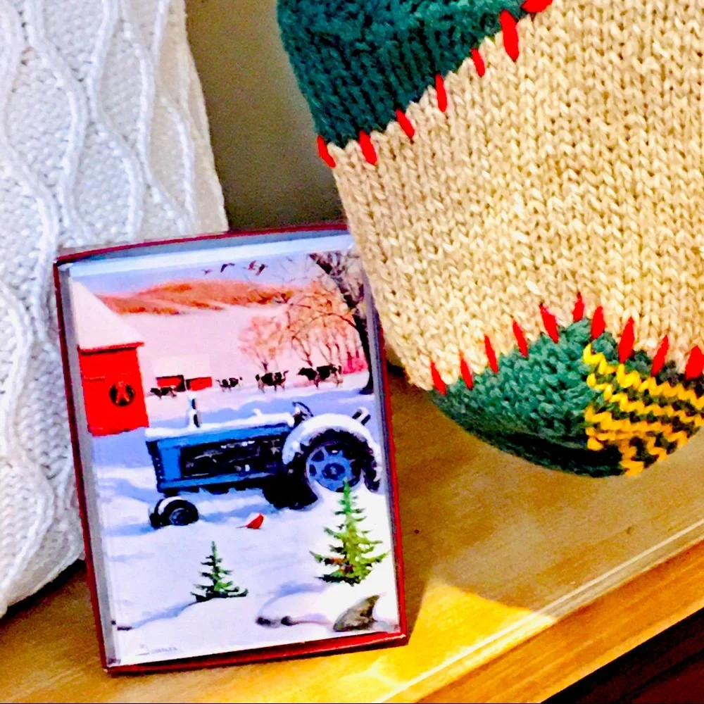 Vintage knit crochet Christmas stocking and farmhouse winter cards set